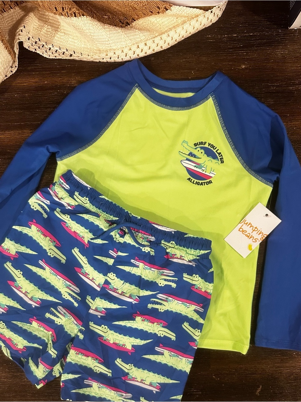 Jumping Beans Lime and Blue Alligator Rashguard Swim Set Size 5T